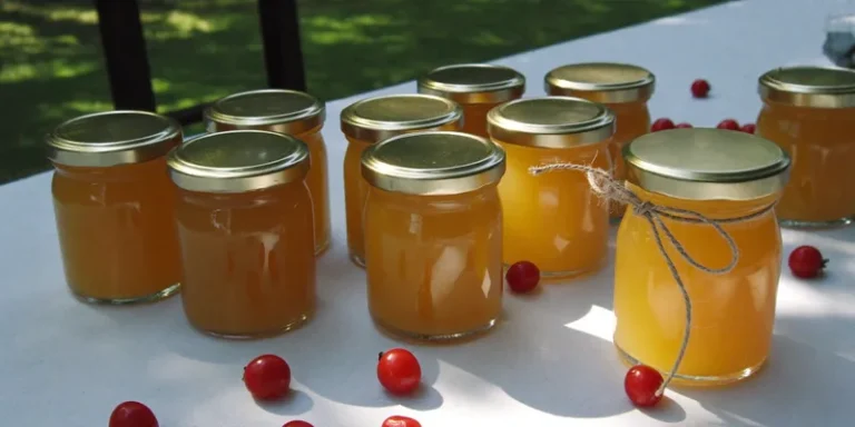 Tiny glass jam jars with golden jam and twine on a garden table