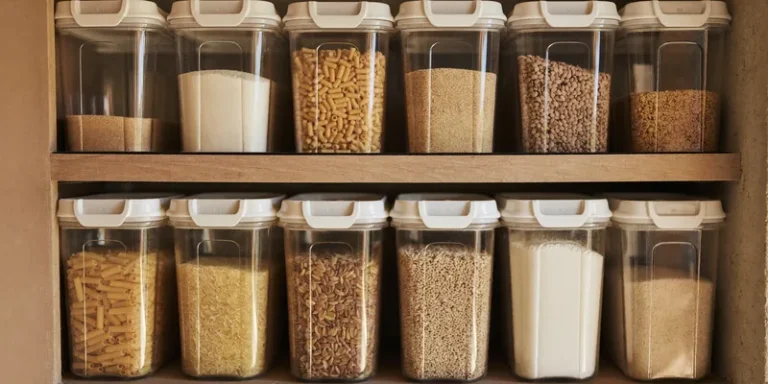 Clear airtight containers with pasta, rice and cereal on shelves