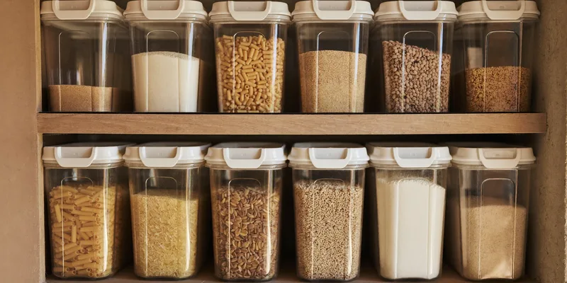 Clear airtight containers with pasta, rice and cereal on shelves