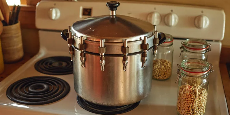 Heavy cast canner with wing nut clamps on a stove