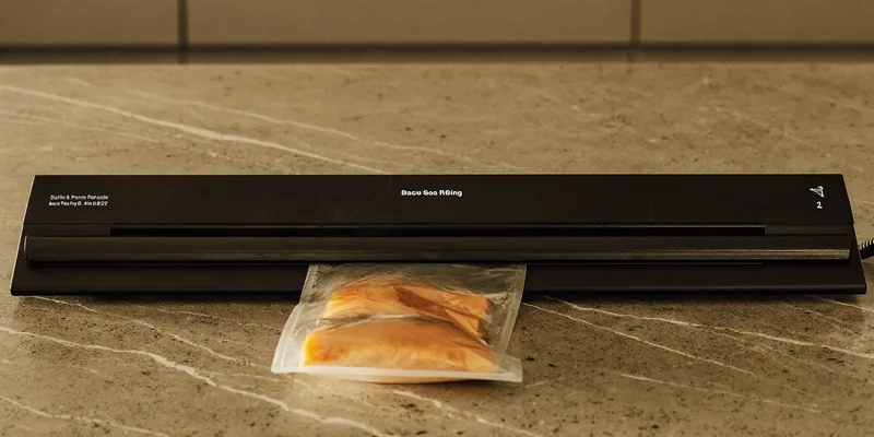 Slim black sealing bar with a bag of salmon