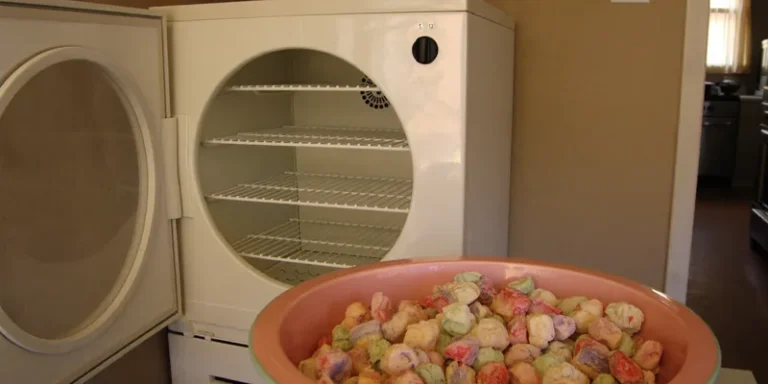 Freeze dryer with round door open and a bowl of freeze dried candy