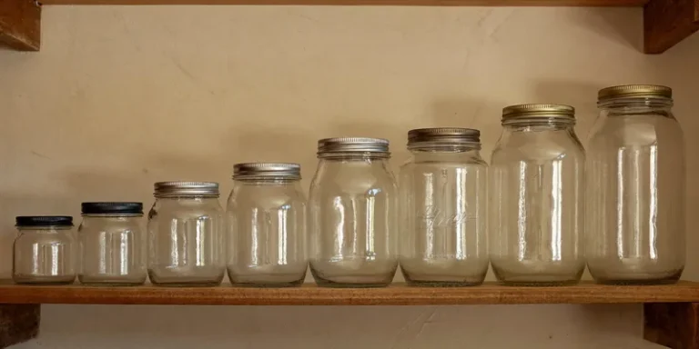 Row of empty canning jars in ascending sizes on a shelf