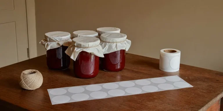 Jam jars with cloth covers beside a roll of blank round labels and twine