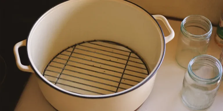 Round wire canning rack inside an open enamel pot
