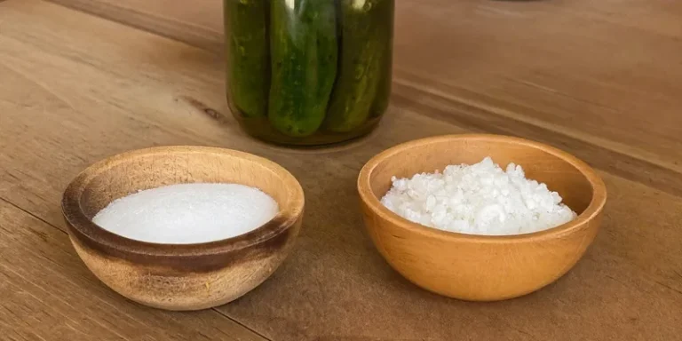 Bowl of fine salt beside a bowl of coarse salt with pickles