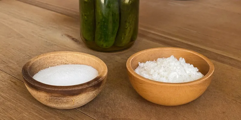 Bowl of fine salt beside a bowl of coarse salt with pickles