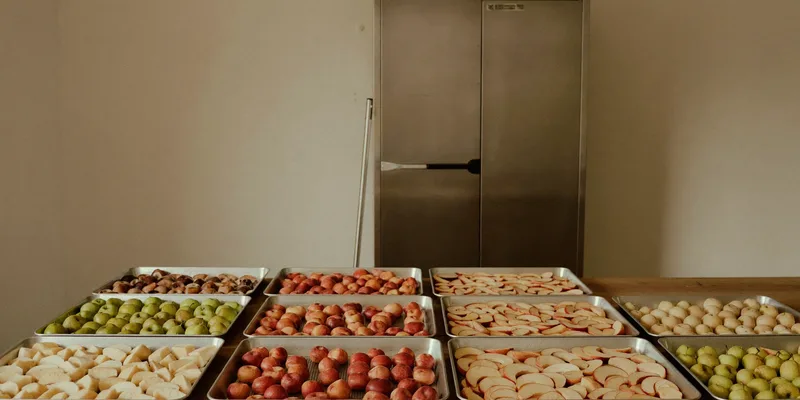 Many trays of sliced fruit before a stainless cabinet dehydrator