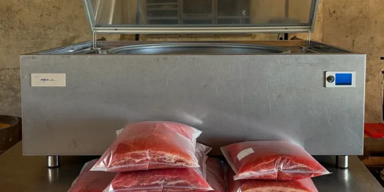 Large chamber vacuum machine with bags of meat stacked in front