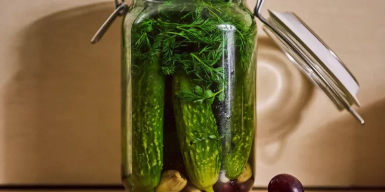 Open jar of crisp pickle spears with dill and garlic