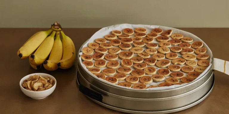 Round tray of banana chips with ripe bananas