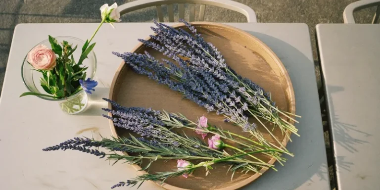 Lavender and roses laid on a round mesh drying tray
