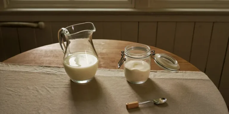 Pitcher of milk beside an open jar of milk powder