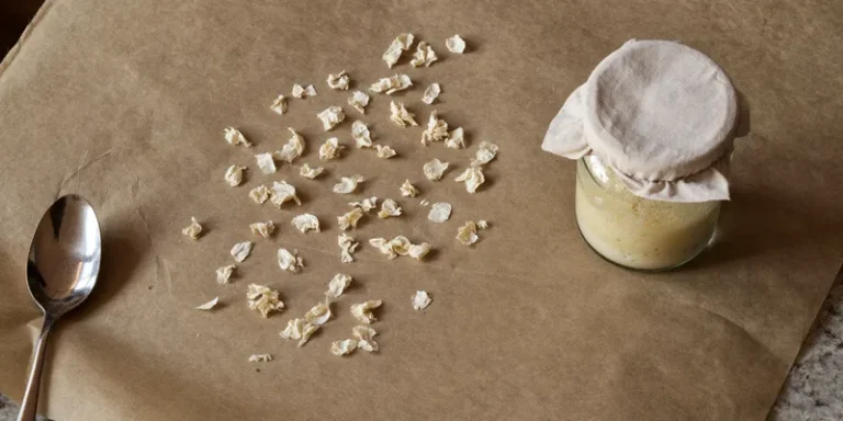 Dried sourdough starter flakes beside a jar of active starter