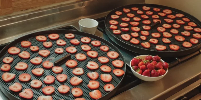 Strawberry slices on round trays with fresh berries