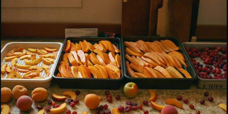 Trays of dried mango, pineapple, cranberries and peach