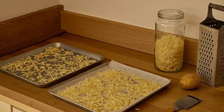 Shredded potato on trays beside a jar and box grater