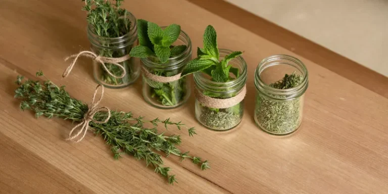 Herb bundles beside jars of fresh and dried herbs