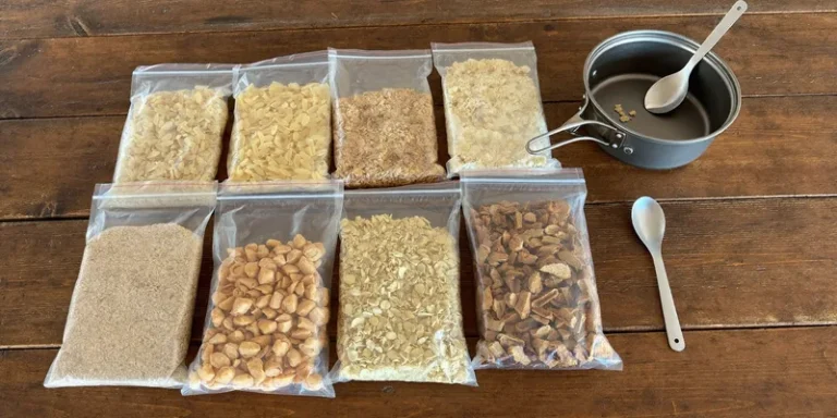 Bags of dried meal ingredients beside a camping pot