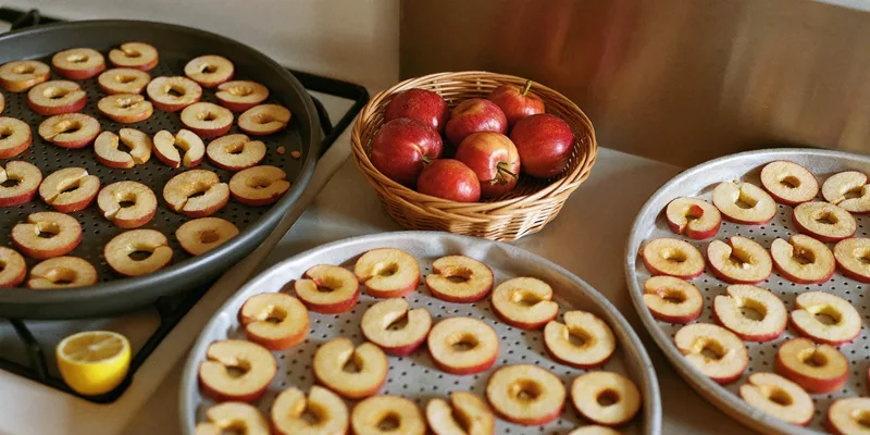 Apple rings on dehydrator trays with a basket of fresh apples