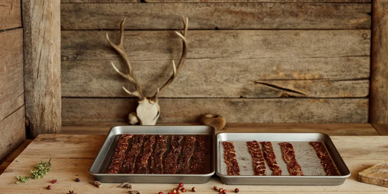Trays of venison jerky in a rustic cabin with antlers