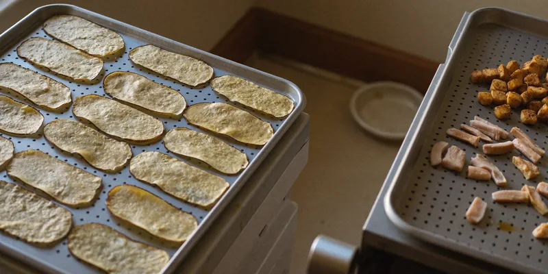 Sweet potato slices and chicken strips on trays with a dog bowl behind