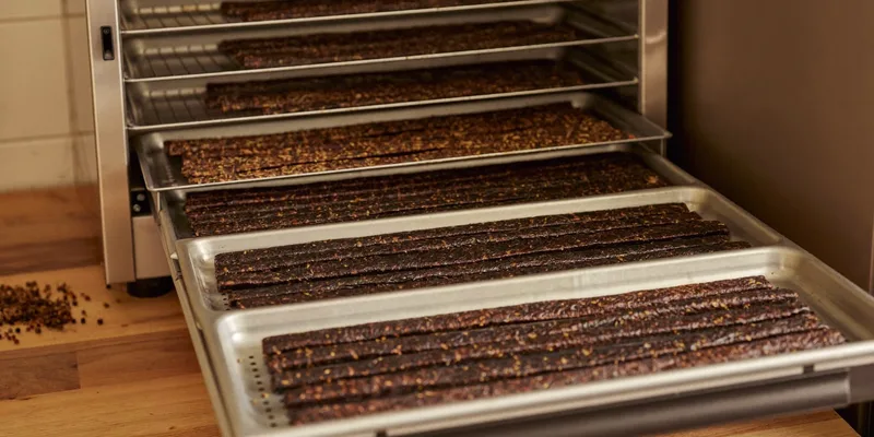 Dehydrator trays covered with rows of dark jerky strips