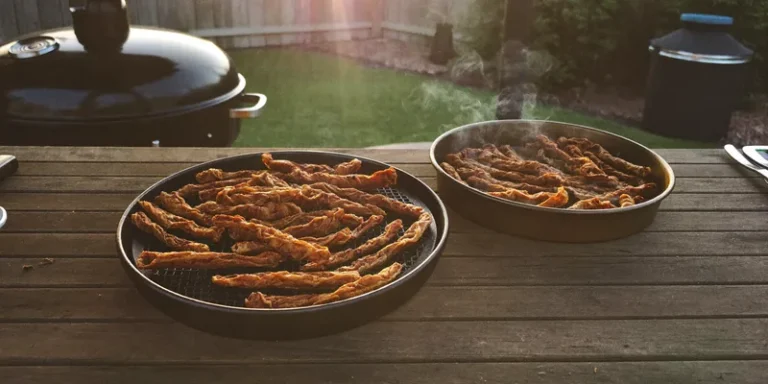 Jerky on a dehydrator tray and on a smoker grate outdoors