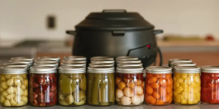 Rows of sealed vegetable jars with an electric canning appliance blurred behind