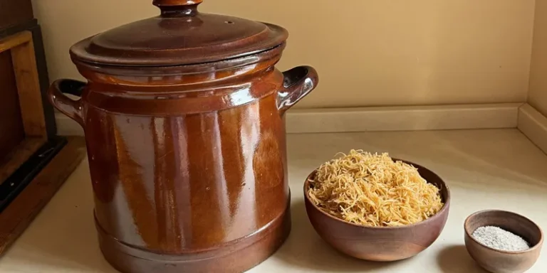 Brown ceramic fermentation crock with a bowl of sauerkraut