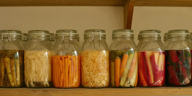Row of jars with fermenting vegetables in brine
