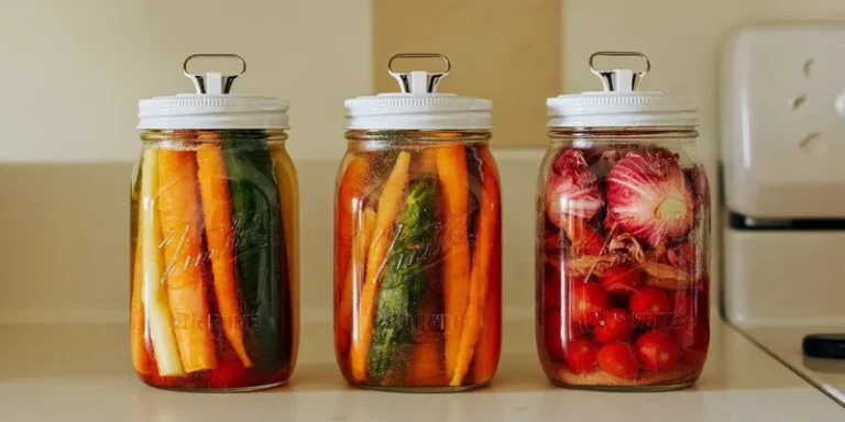 Mason jars with white fermentation lids and colorful vegetables