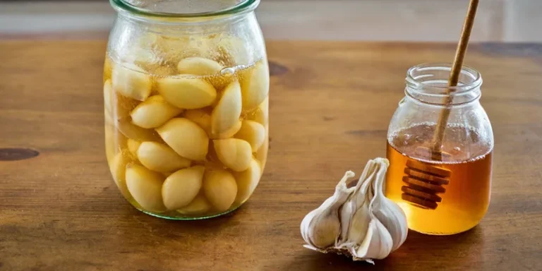 Jar of garlic cloves in golden honey with a dipper