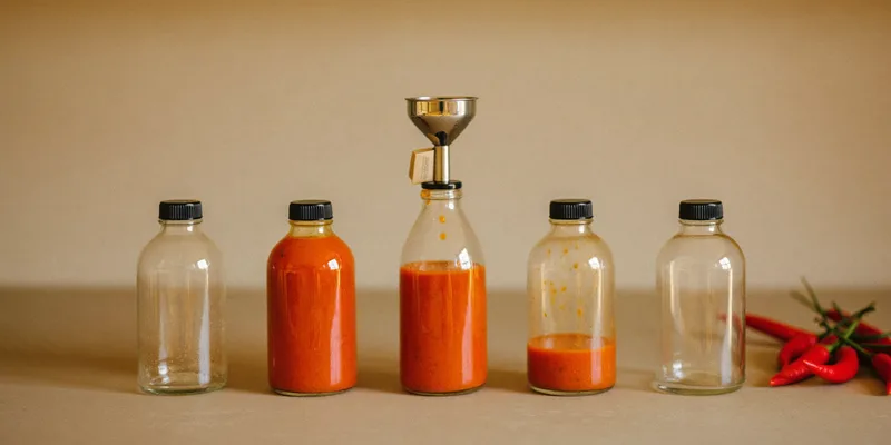 Small bottles being filled with red hot sauce through a funnel