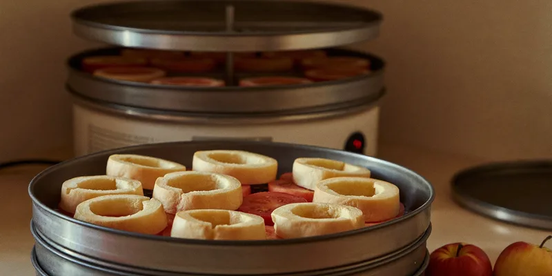 Stacked dehydrator trays with apple rings, machine in soft focus