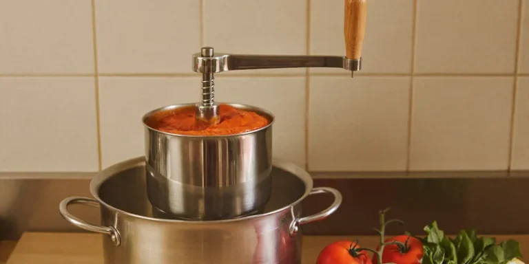 Hand crank food mill on a pot with red tomato puree