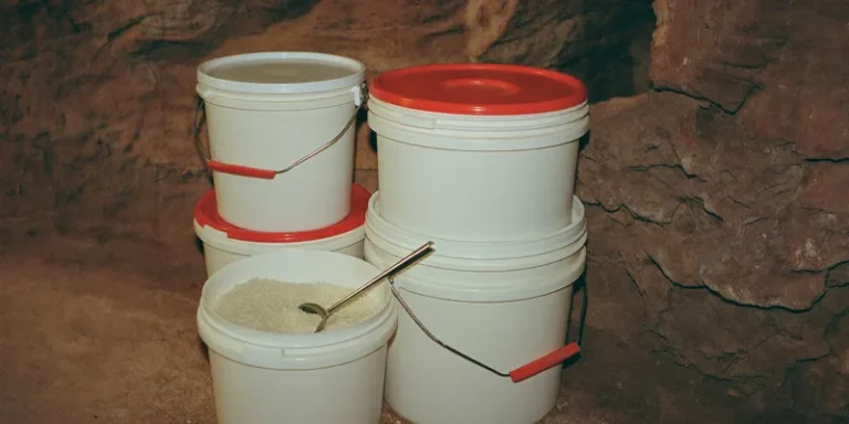 White food storage buckets in a cellar, one open with rice