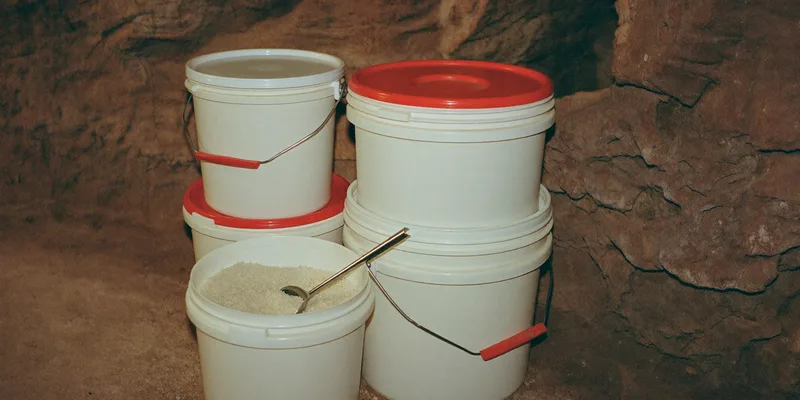 White food storage buckets in a cellar, one open with rice