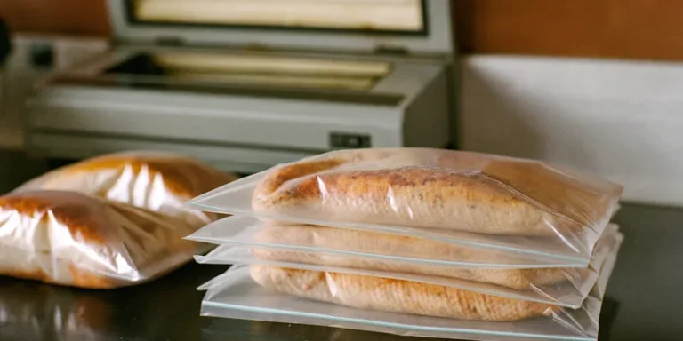 Stack of clear vacuum bags with sealed food portions