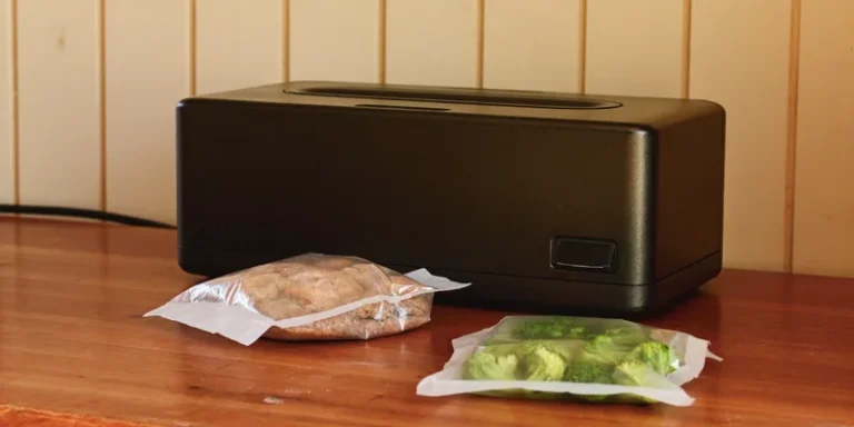 Compact black vacuum sealer with sealed bags in front
