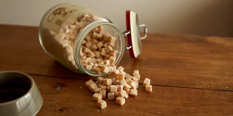 Jar tipped over spilling freeze dried meat cubes