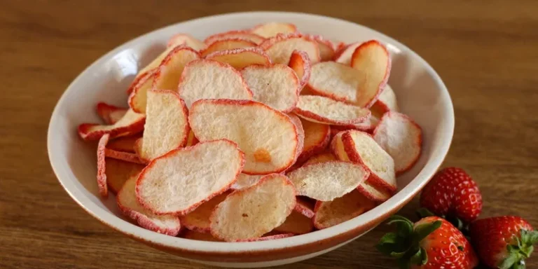 Bowl of crisp freeze dried strawberry slices next to fresh strawberries