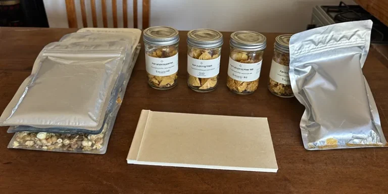 Silver pouches and jars of freeze dried food on a table