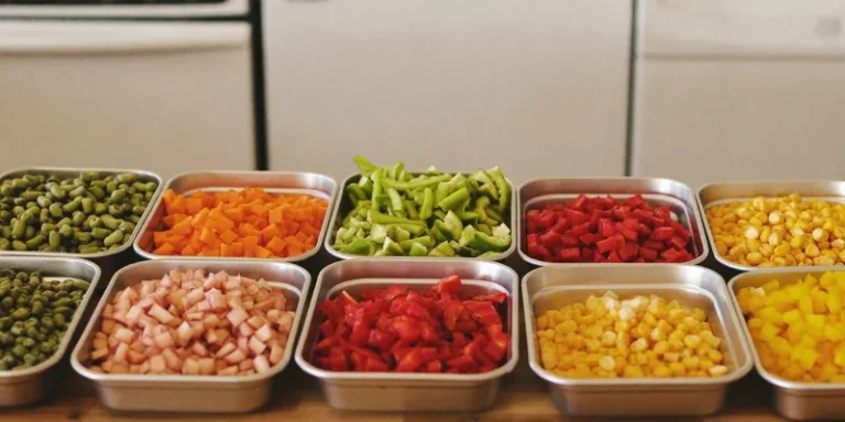 Stainless trays with rows of chopped colorful vegetables ready for freeze drying