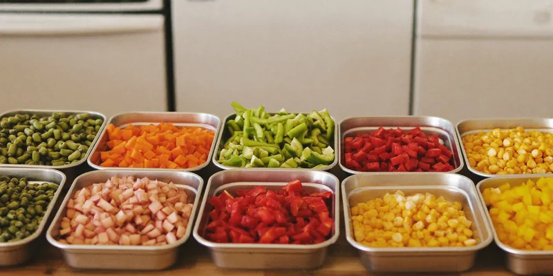 Stainless trays with rows of chopped colorful vegetables ready for freeze drying
