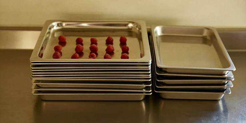 Stacks of stainless freeze dryer trays with raspberries