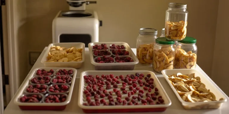 Kitchen island with trays and jars of freeze dried fruit