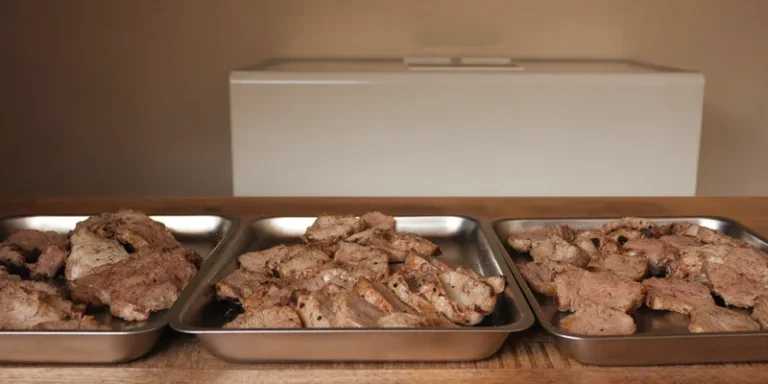 Slices of cooked meat on stainless steel trays ready for freeze drying