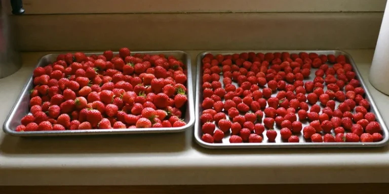 Overloaded tray of strawberries beside a properly loaded tray