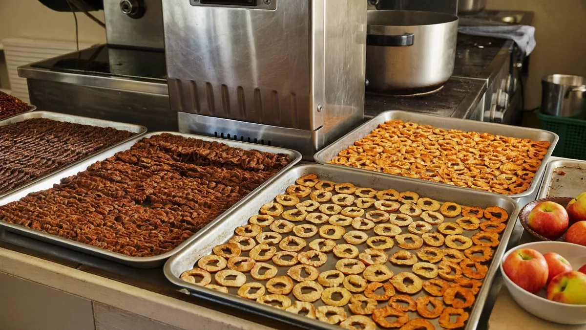 Dehydrator trays with dried fruit slices